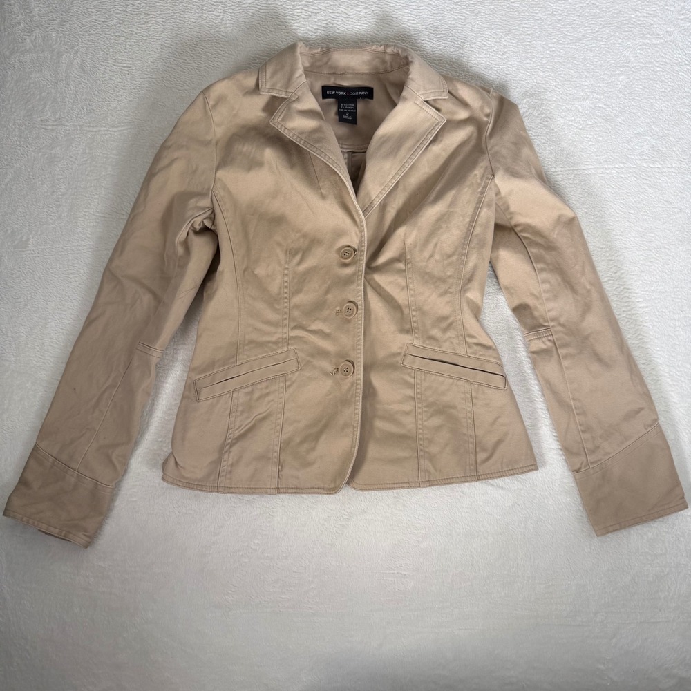 New York & Company 3 Button Cotton Stretch Blazer Size 2 Khaki Tan Women